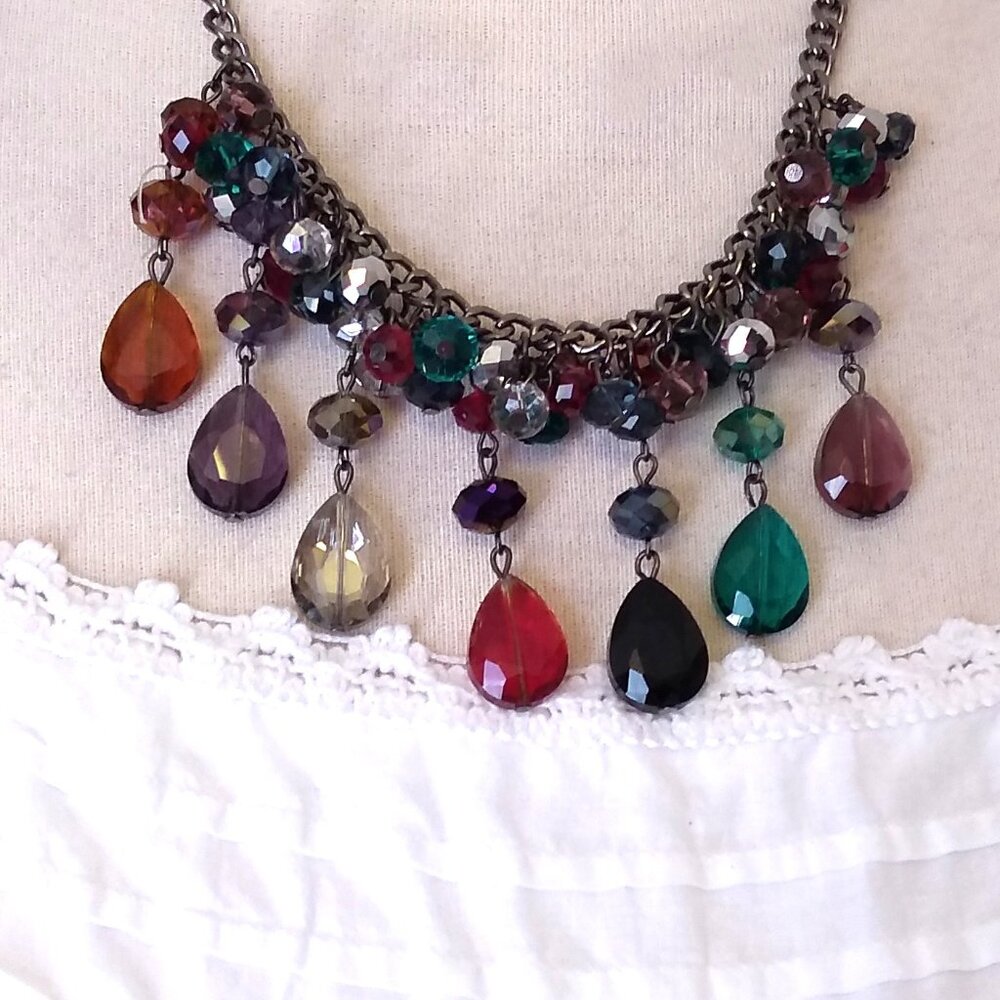 Vintage NEW AJ Multi Color Beads Black Chain VTG Necklace